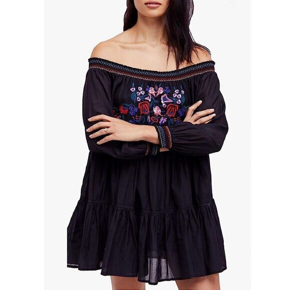 Free People Sunbeams Dress Embroidered Off Shoulder Mini Black Dress M BOHO - Picture 1 of 12
